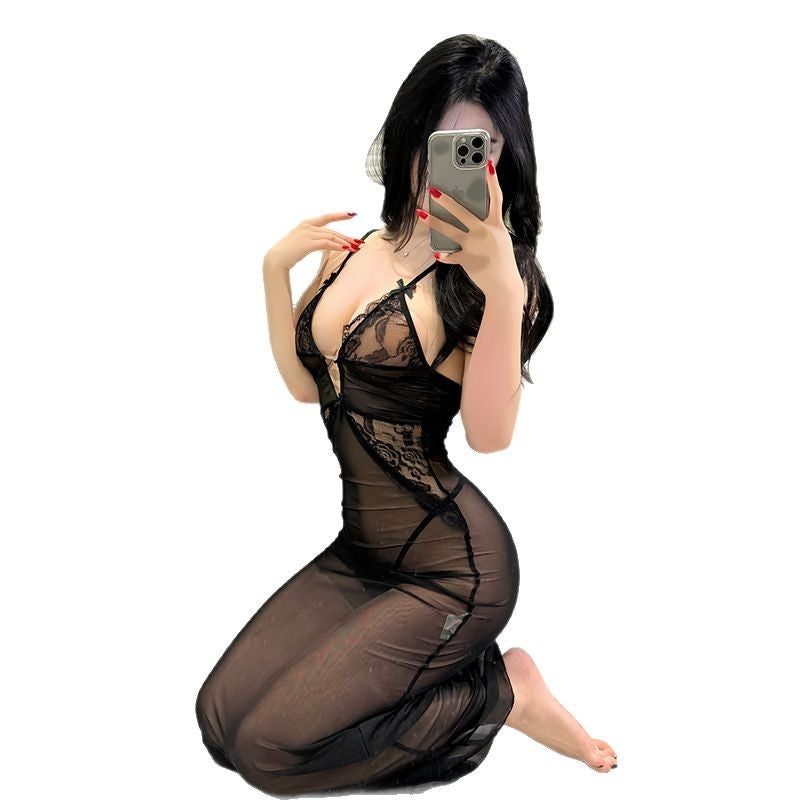 Soulmaty Women's Sexy Lace Halter Lingerie Dress - Sheer Long Skirt Nightwear