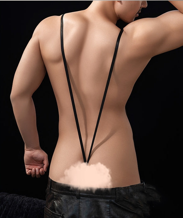 Soulmaty Men's V-Shape Leather Strappy Bodysuit - One-Piece Thong Lingerie